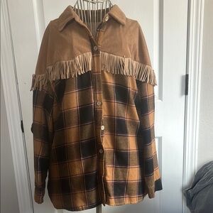 Brown Fringe Plaid Button-Up Shirt